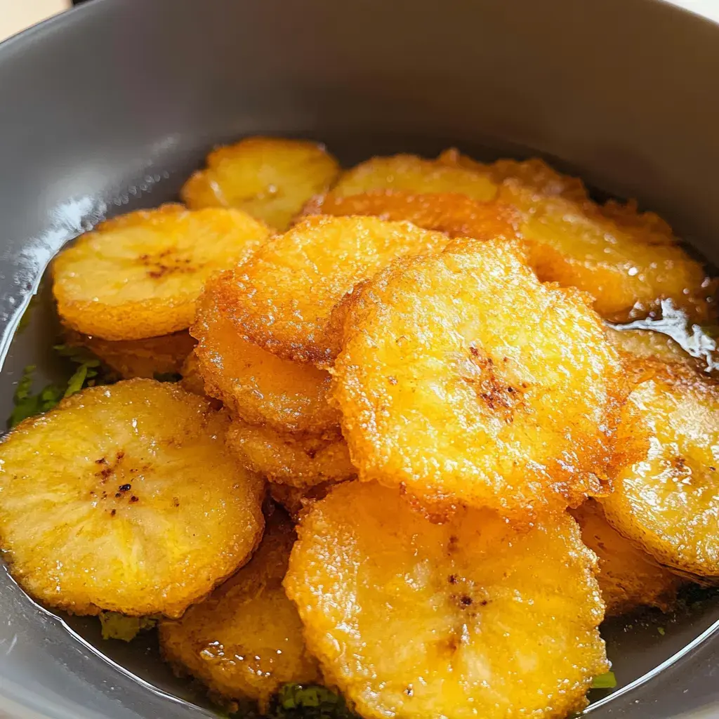 A bowl of fried plantain slices drizzled with syrup.