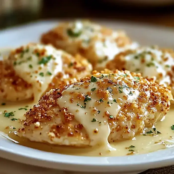 A plate of golden, breaded chicken topped with creamy sauce and garnished with green herbs.