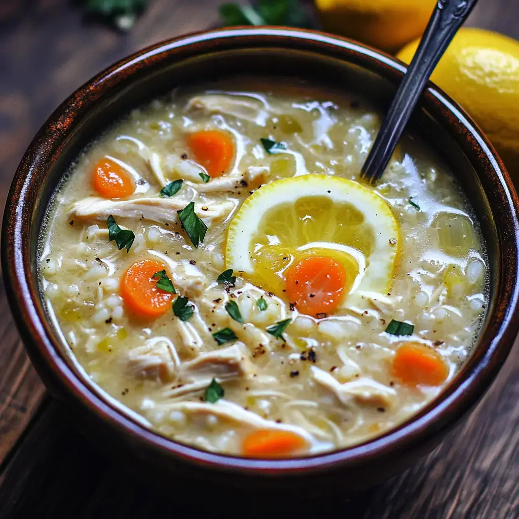 A bowl of chicken soup with shredded chicken, carrots, rice, and a slice of lemon, garnished with parsley.