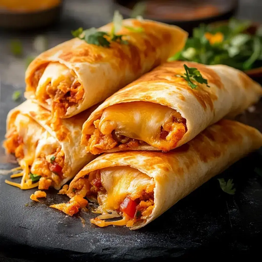 A stack of golden-brown burritos filled with meat, cheese, and vegetables is displayed on a dark surface.