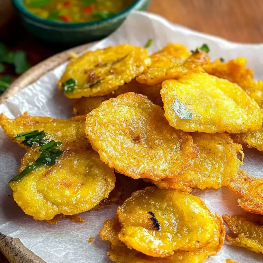 A plate of crispy golden fried plantain slices garnished with green herbs, accompanied by a small bowl of dipping sauce.