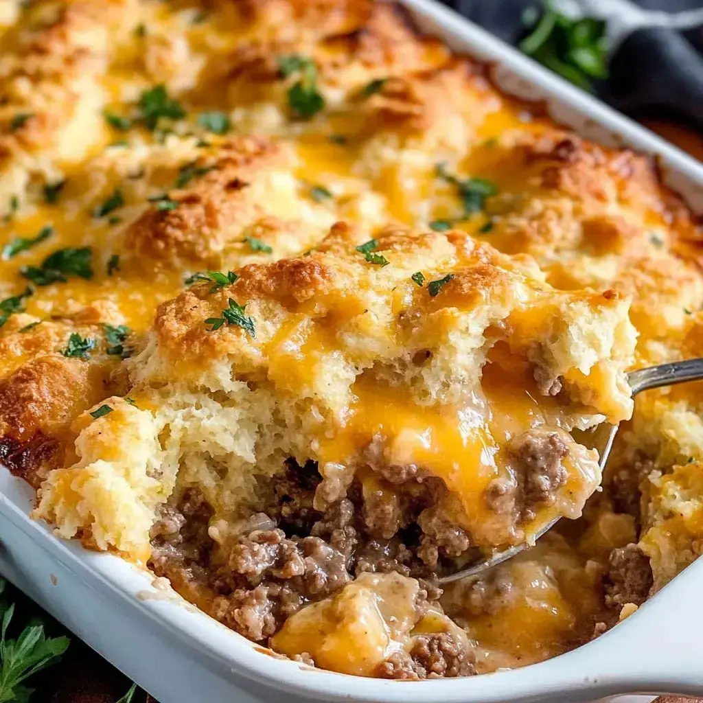 A close-up of a cheesy casserole topped with golden breading and parsley, showing a portion being served with ground beef and melted cheese inside.