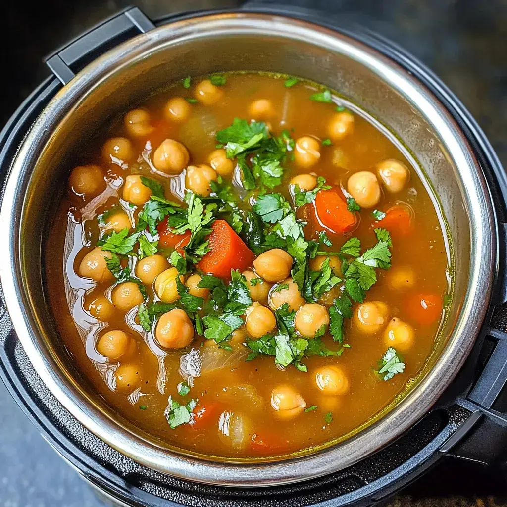 A close-up view of a pot filled with chickpea soup garnished with fresh cilantro and pieces of red bell pepper.