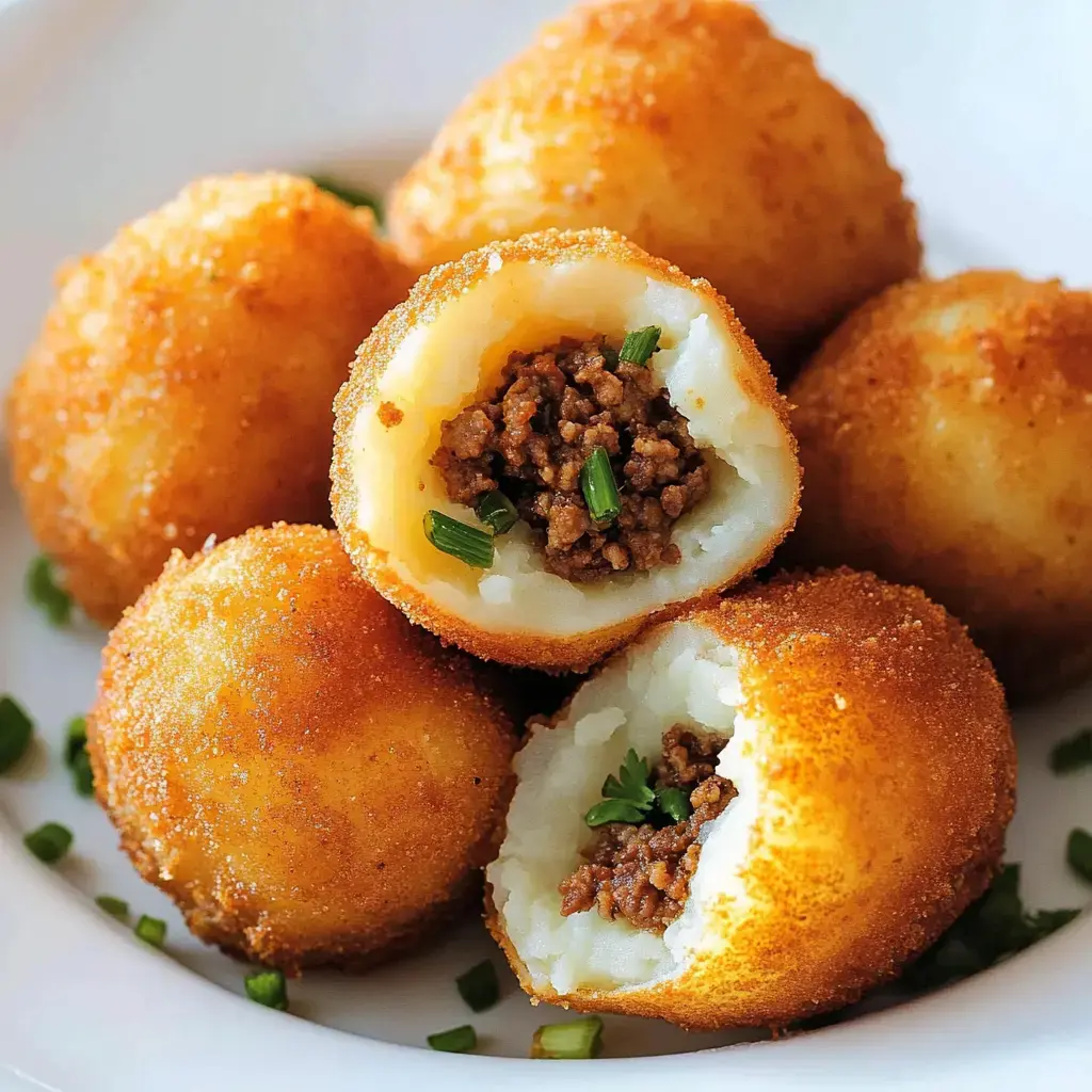 A plate of golden-brown fried balls, some cut open to reveal a filling of ground meat and mashed potatoes.