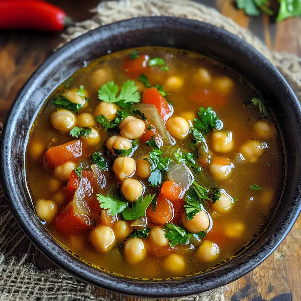 A close-up of a dark bowl filled with chickpea soup garnished with fresh cilantro and pieces of tomato.