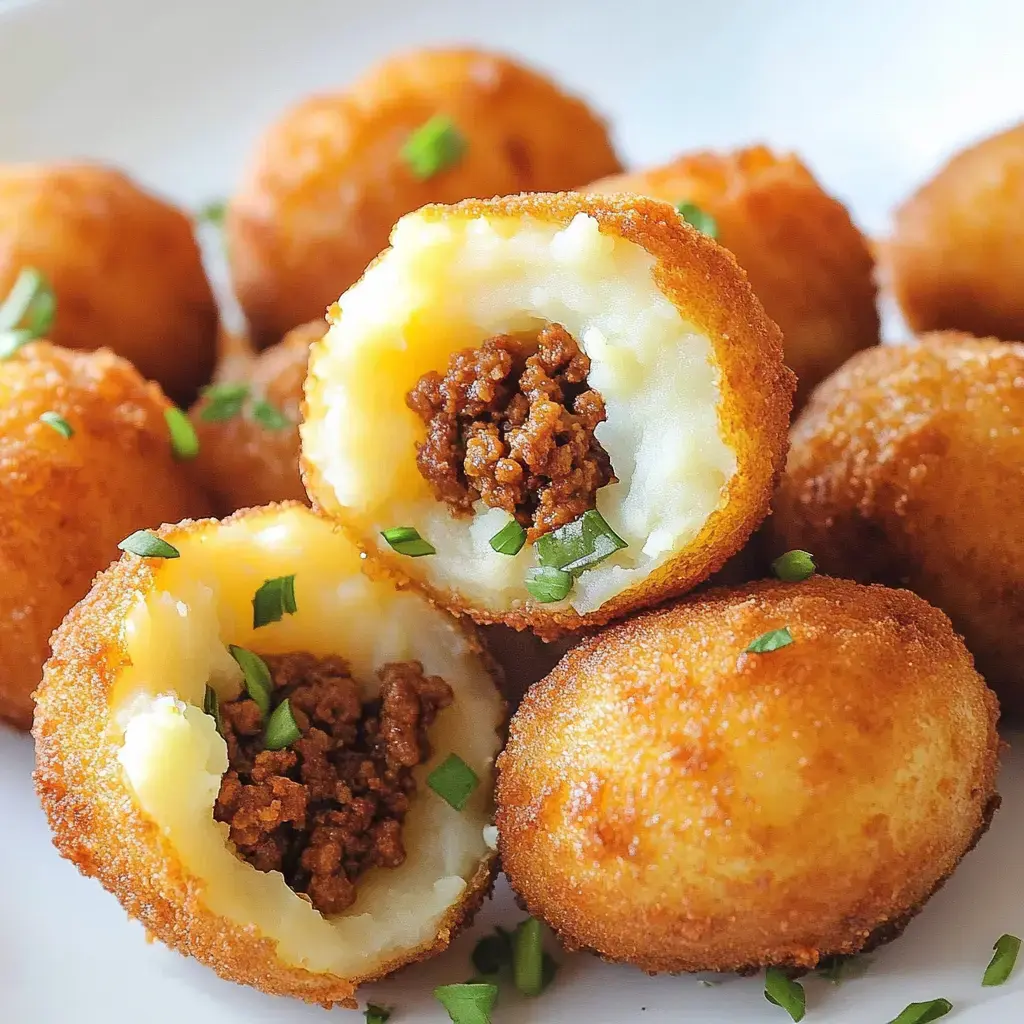 A plate of golden-brown fried balls, halved to reveal a creamy potato interior filled with seasoned ground meat and garnished with chopped green onions.