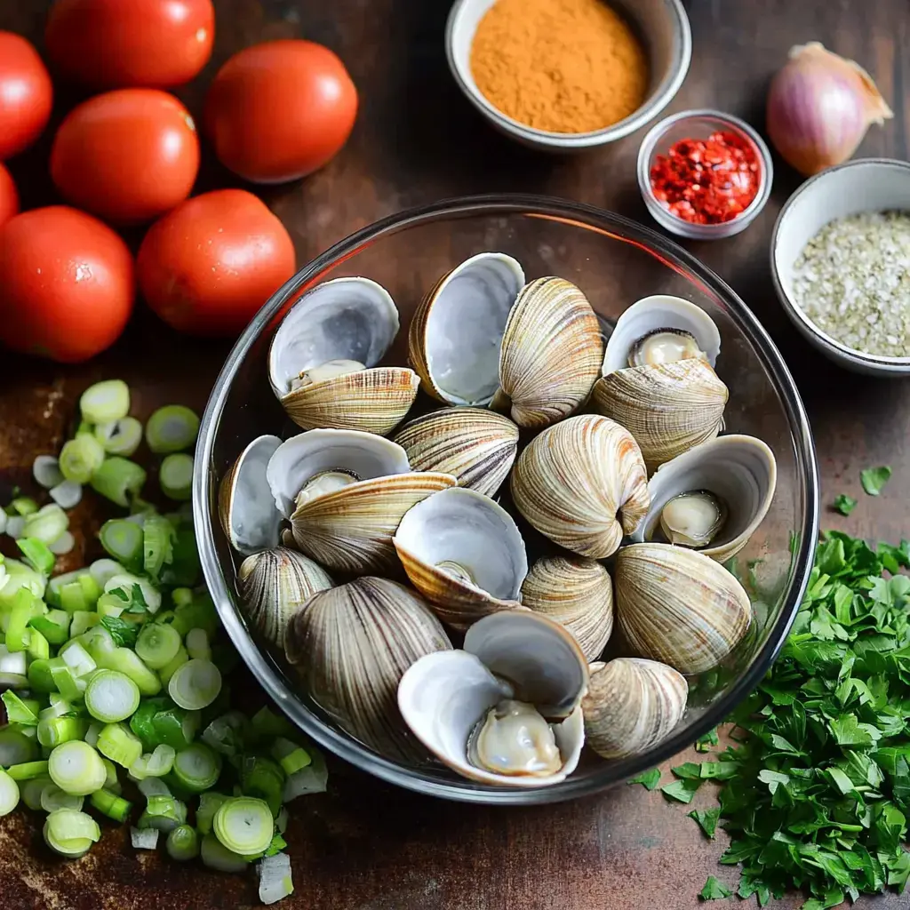 A clear bowl filled with clams surrounded by fresh tomatoes, chopped green onions, herbs, spices, and shallots on a wooden surface.