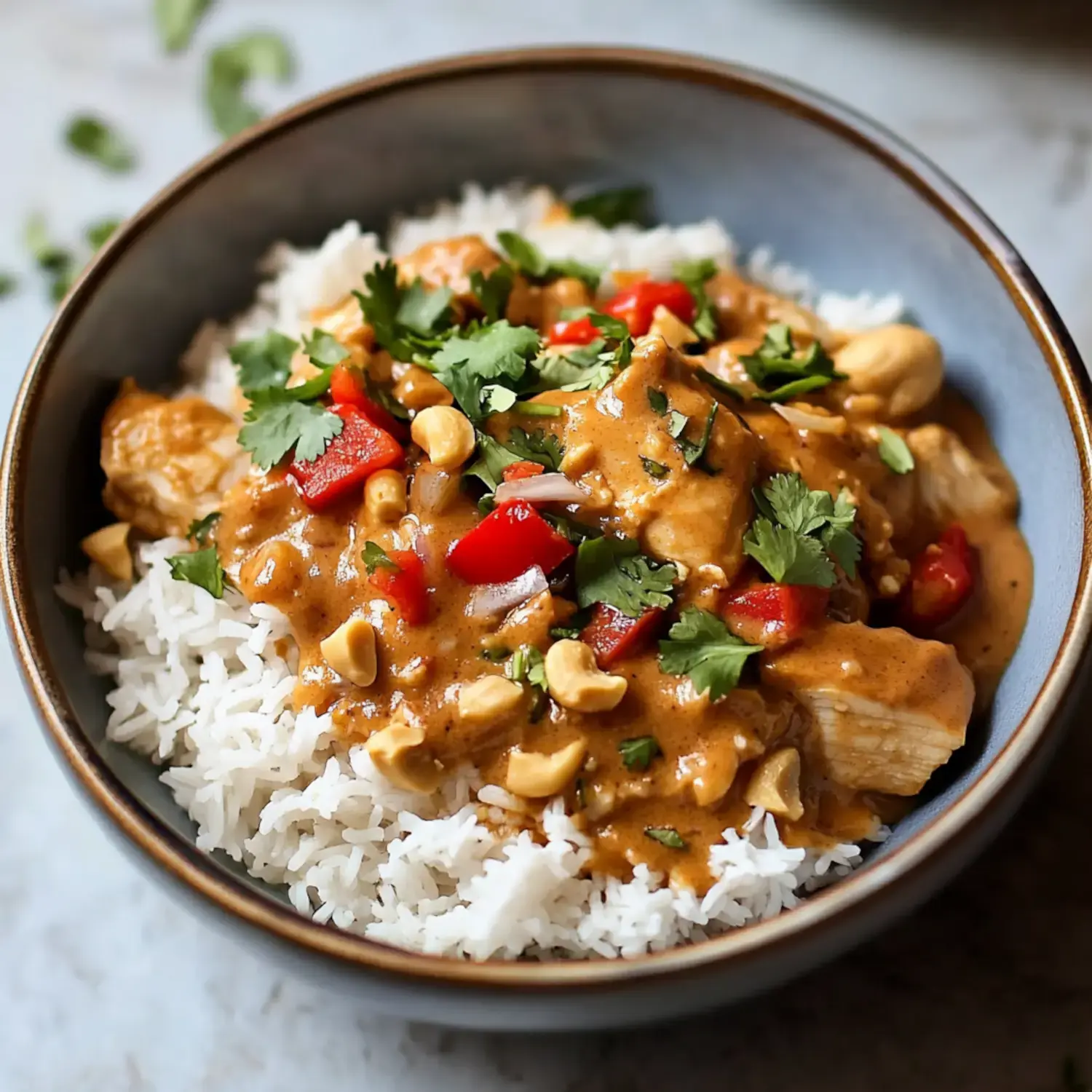 A bowl of white rice topped with chicken in a creamy peanut sauce, garnished with red peppers, cilantro, and crushed peanuts.