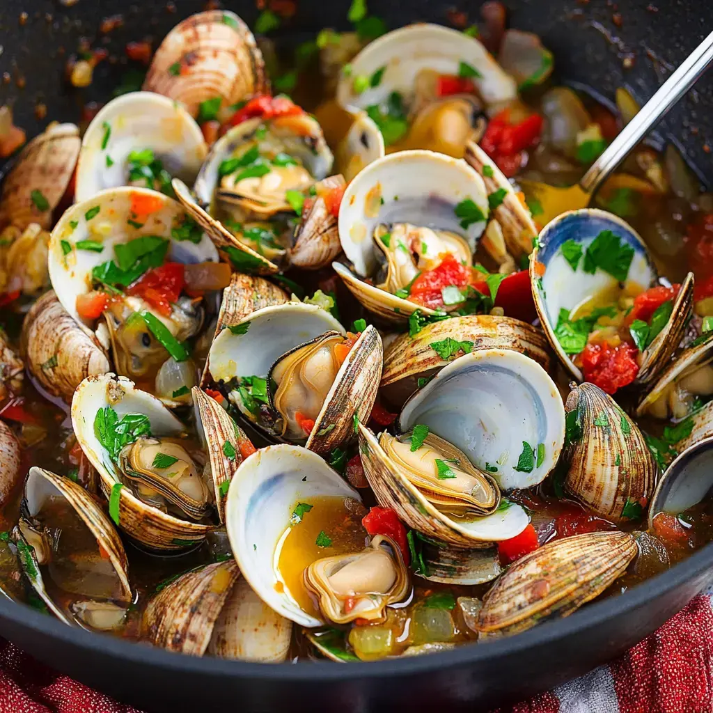 A close-up view of a pot filled with clams cooked in a flavorful broth, garnished with chopped parsley and diced tomatoes.