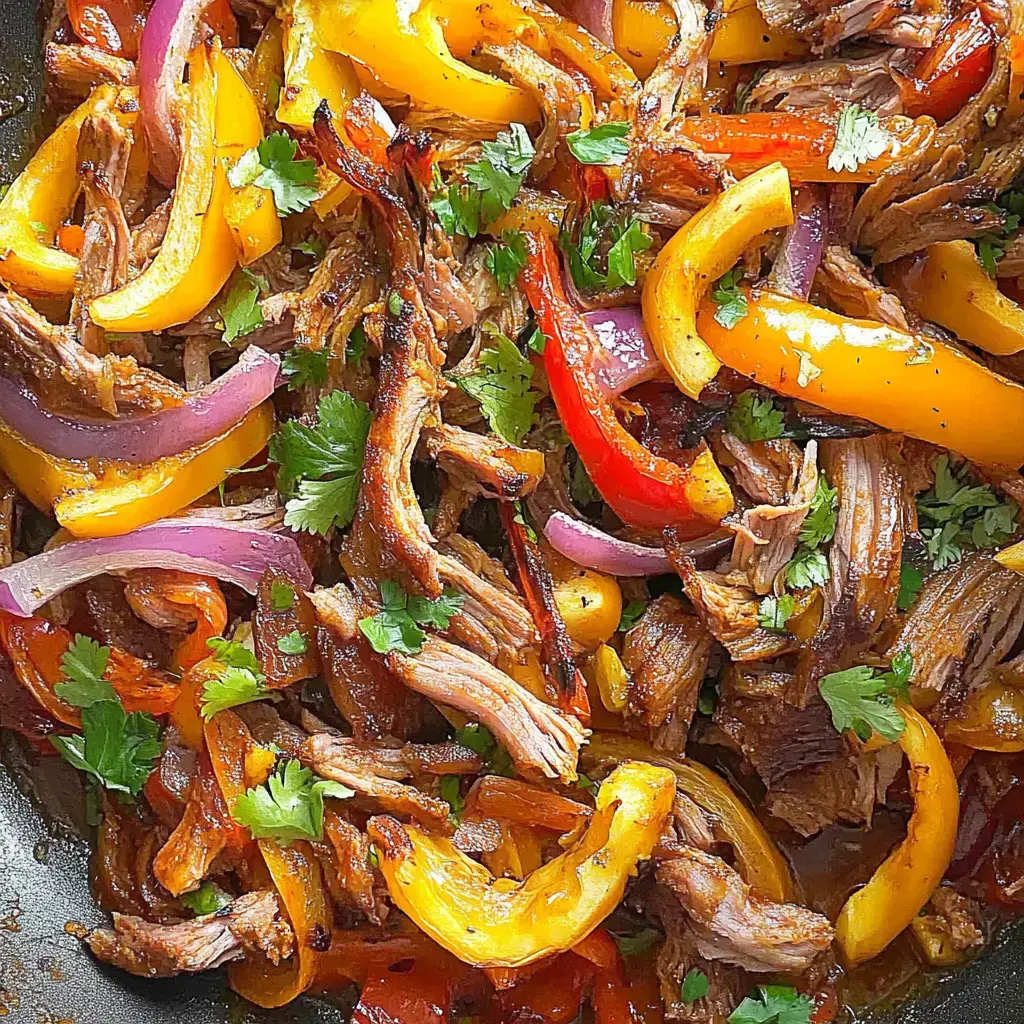 A close-up view of shredded beef mixed with colorful bell peppers and garnished with cilantro in a skillet.