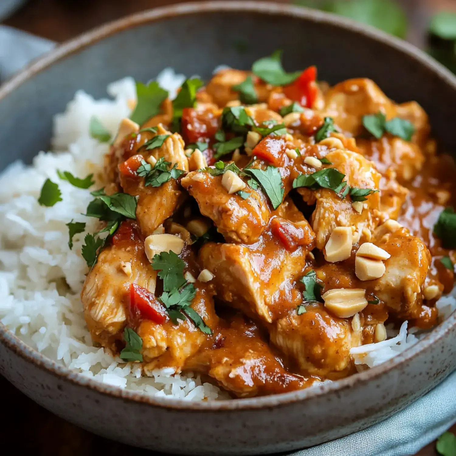 A bowl of white rice topped with chicken in a peanut sauce, garnished with chopped peanuts, cilantro, and diced red peppers.