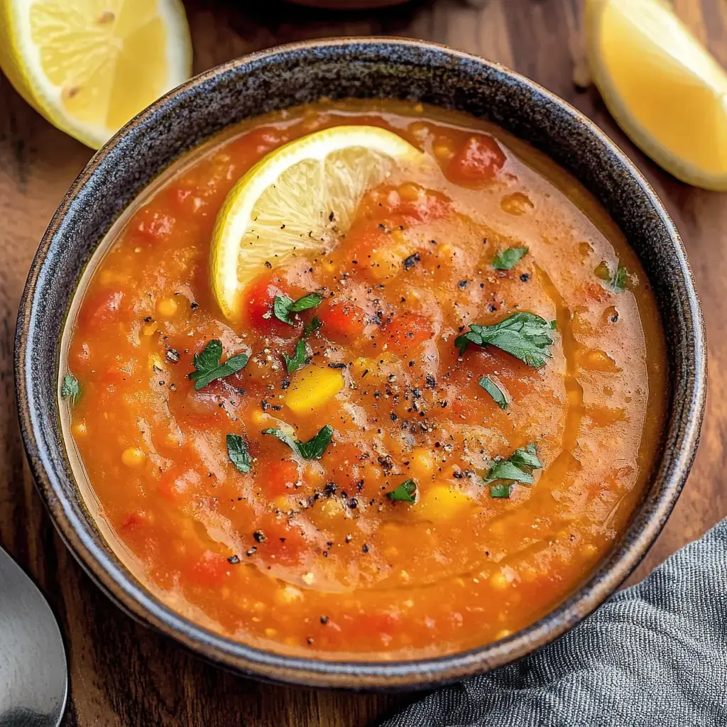 A close-up of a bowl of tomato-based soup garnished with a lemon slice and fresh herbs, placed on a wooden surface.