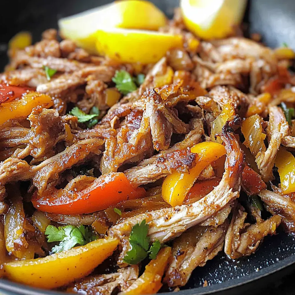 A close-up image of shredded meat mixed with colorful bell peppers, garnished with fresh cilantro and lemon wedges.