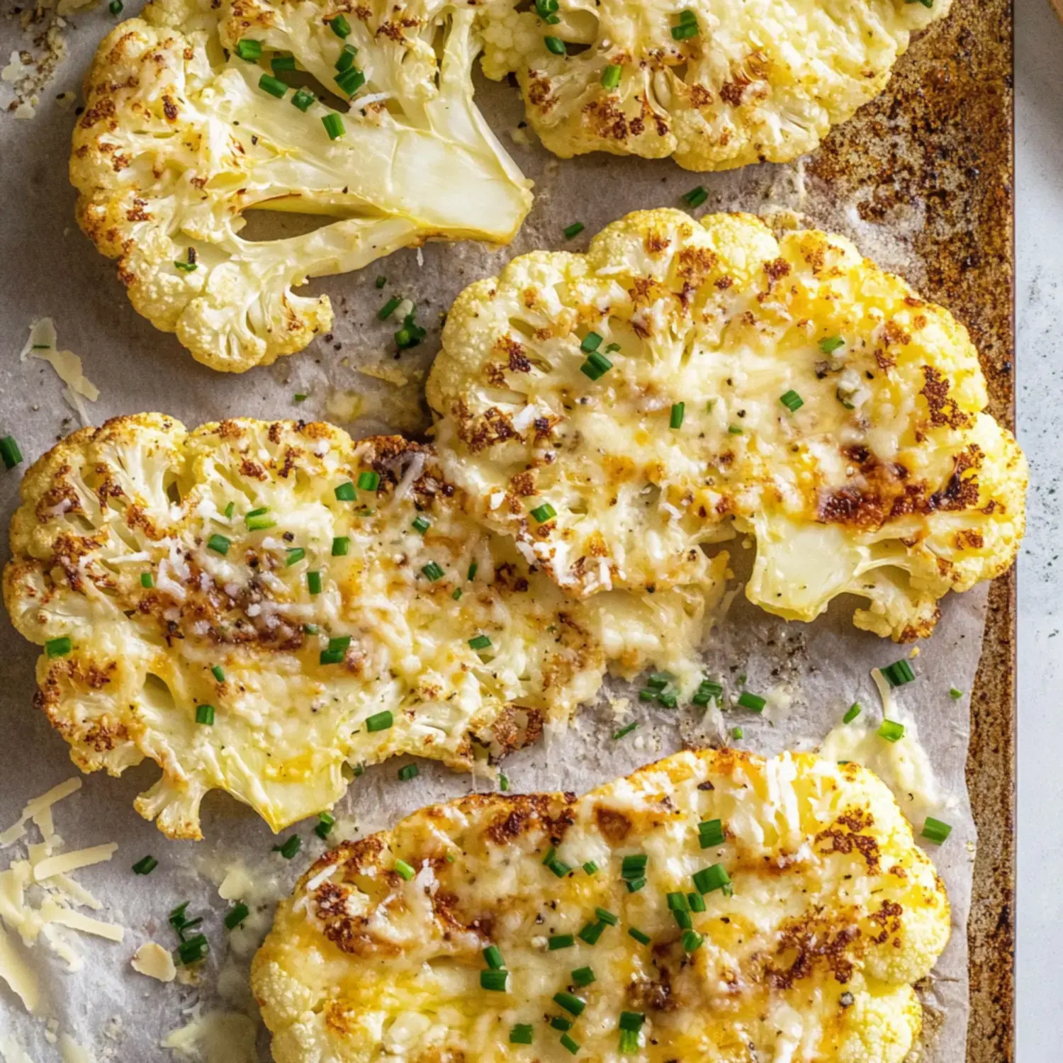 Roasted cauliflower steaks topped with melted cheese and sprinkled with chopped chives.