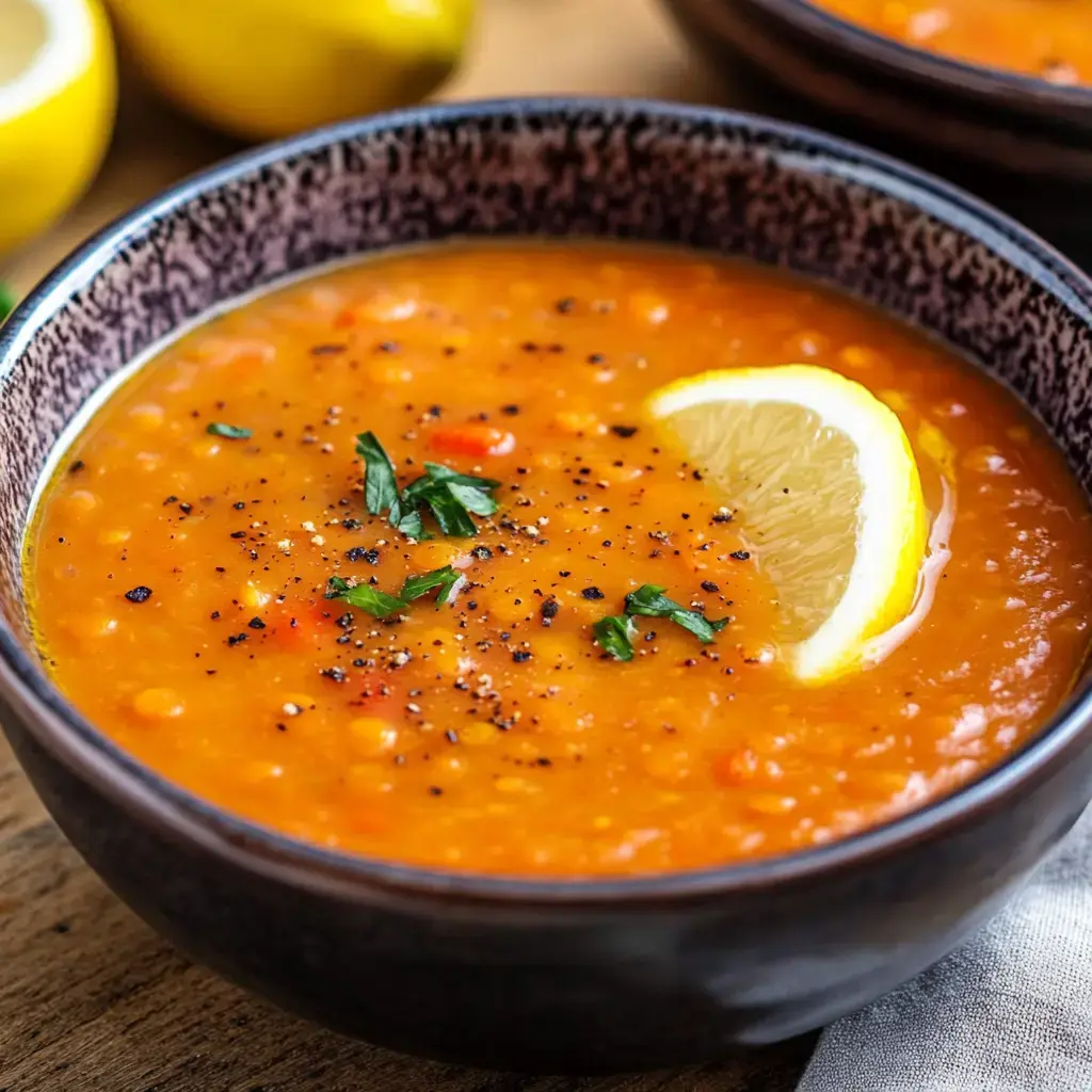 A close-up image of a bowl of orange soup garnished with a lemon wedge and herbs.