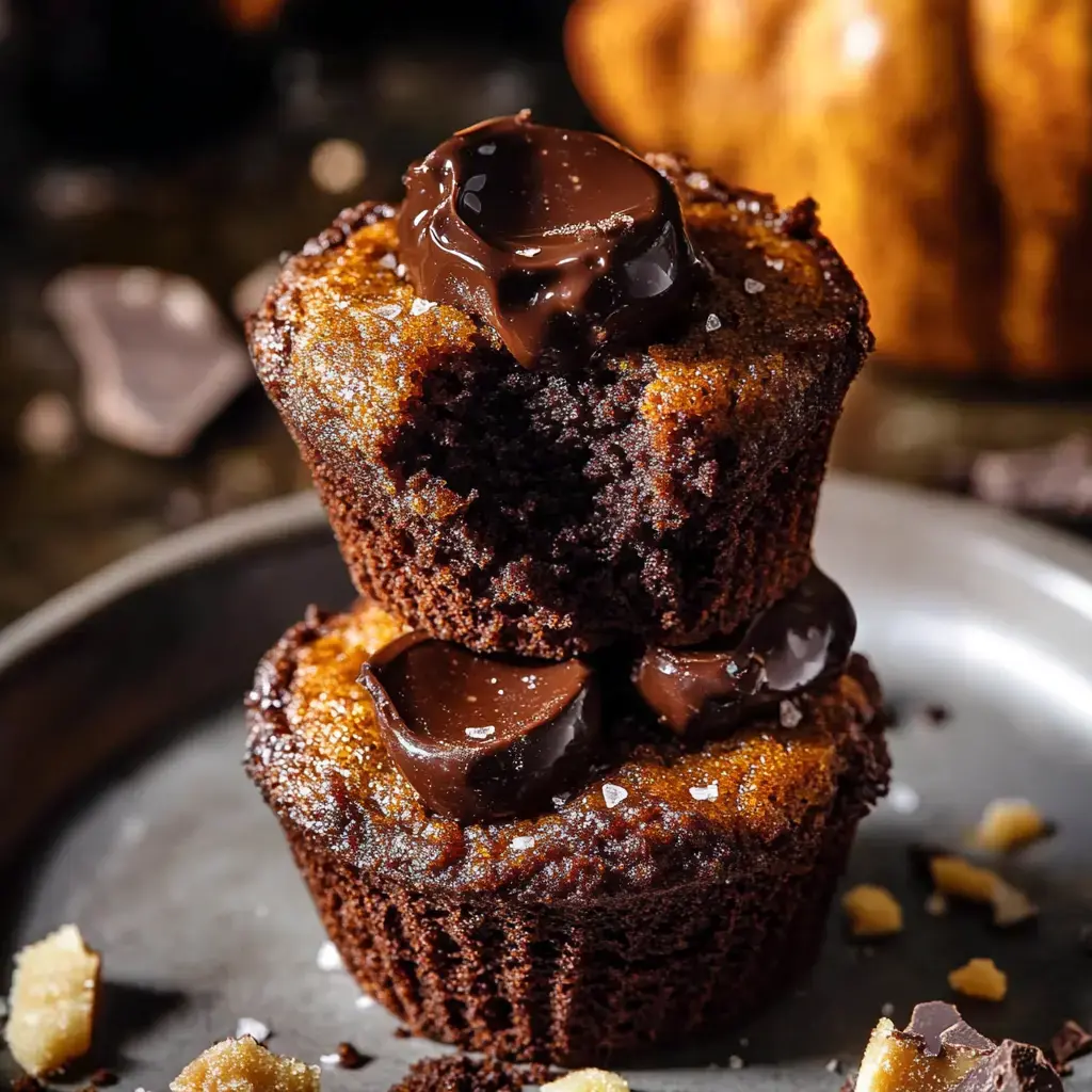 A close-up image of two stacked chocolate cupcakes topped with glossy chocolate and sprinkled with sea salt, placed on a dark plate.