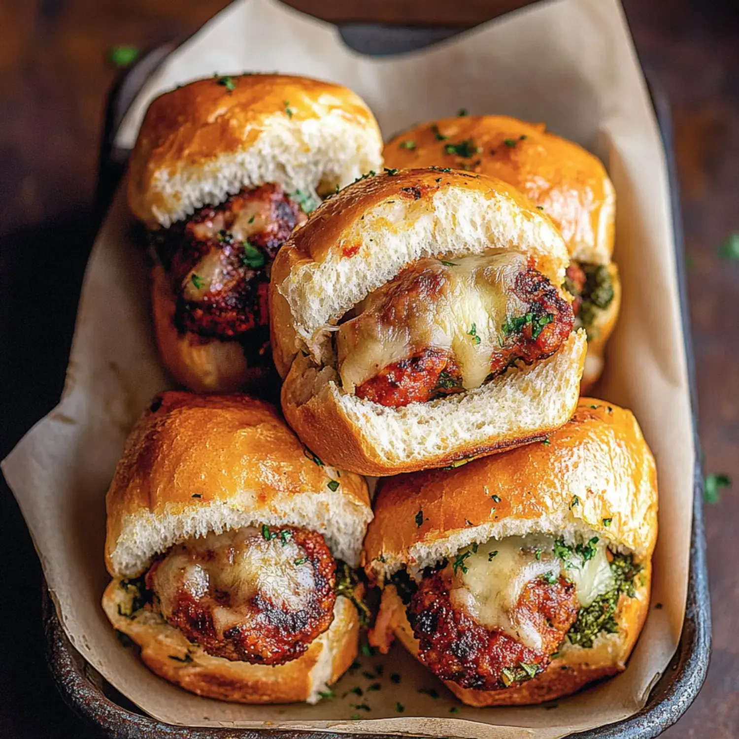 A tray of freshly baked slider sandwiches filled with meat and melted cheese, garnished with parsley.