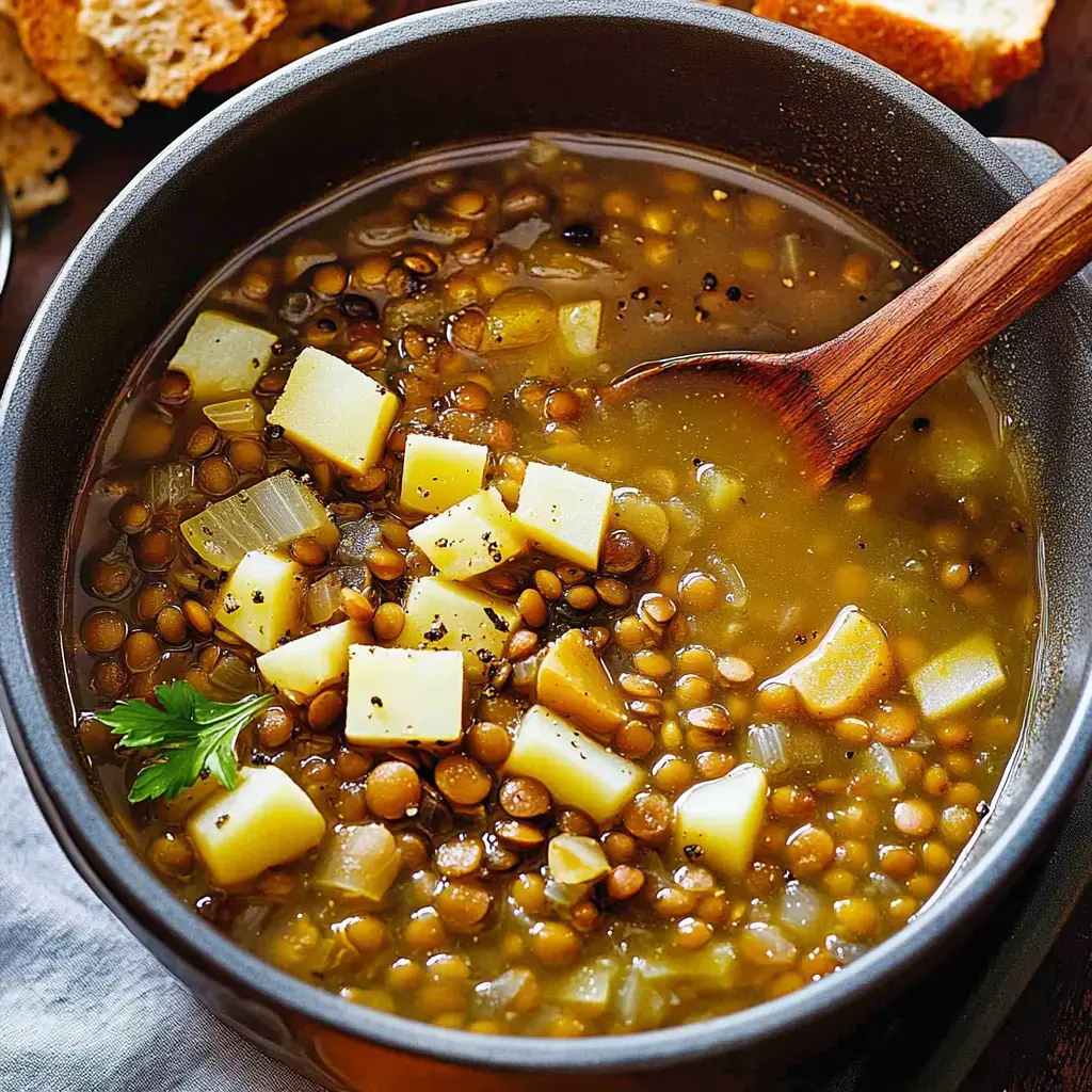 A bowl of lentil soup with diced potatoes and herbs, accompanied by a wooden spoon and pieces of bread.