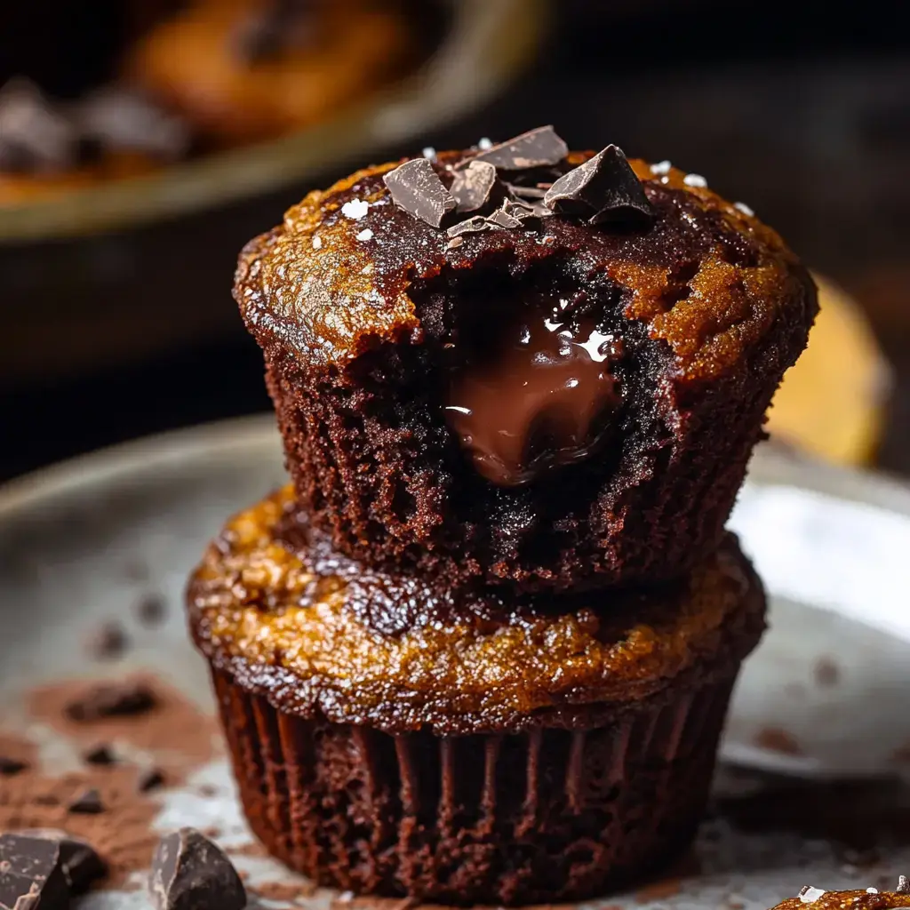 A stacked pair of chocolate muffins with one revealing a gooey chocolate center, garnished with chocolate shavings and sea salt.