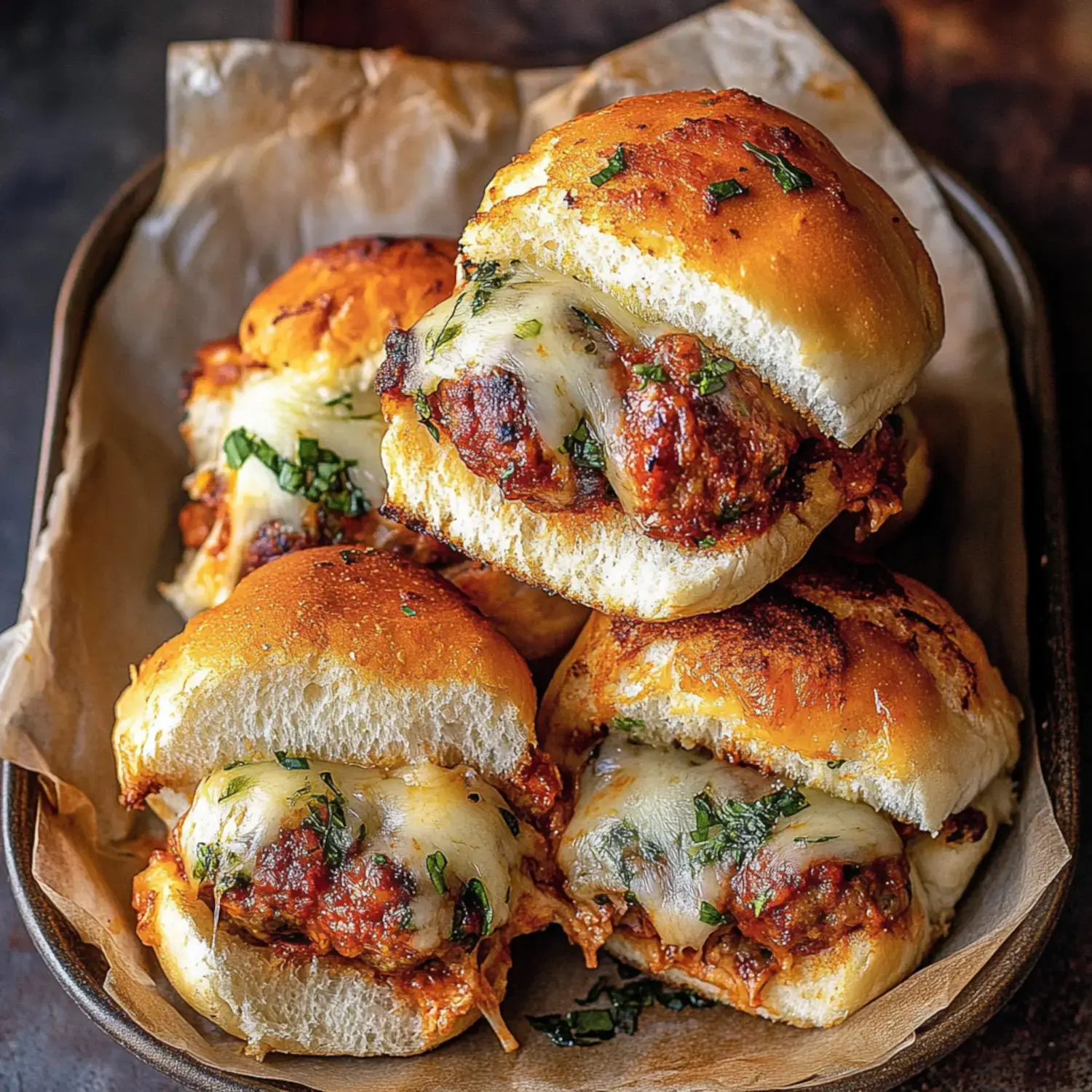 A plate of gooey cheese-stuffed meatball sliders topped with fresh herbs on soft rolls.