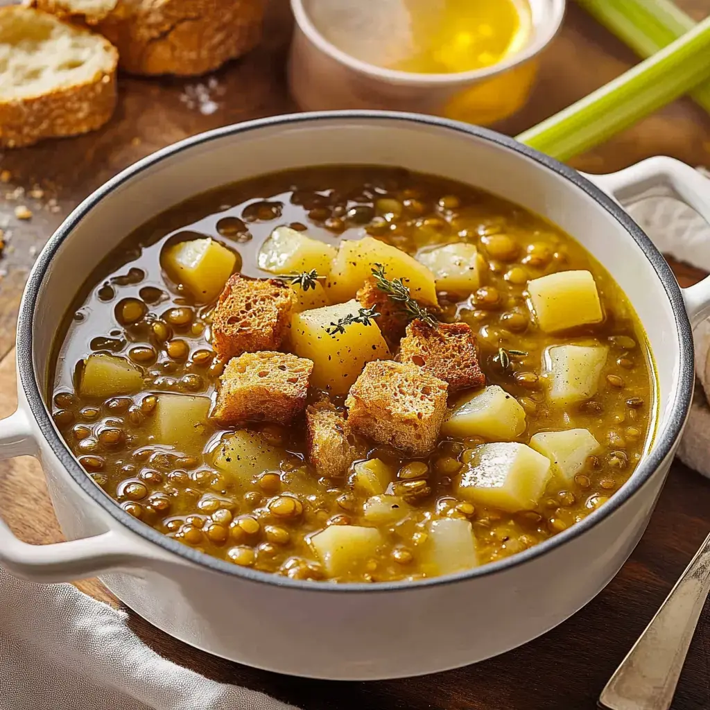 A bowl of lentil soup with diced potatoes and croutons, garnished with thyme, accompanied by slices of bread and a small container of olive oil.