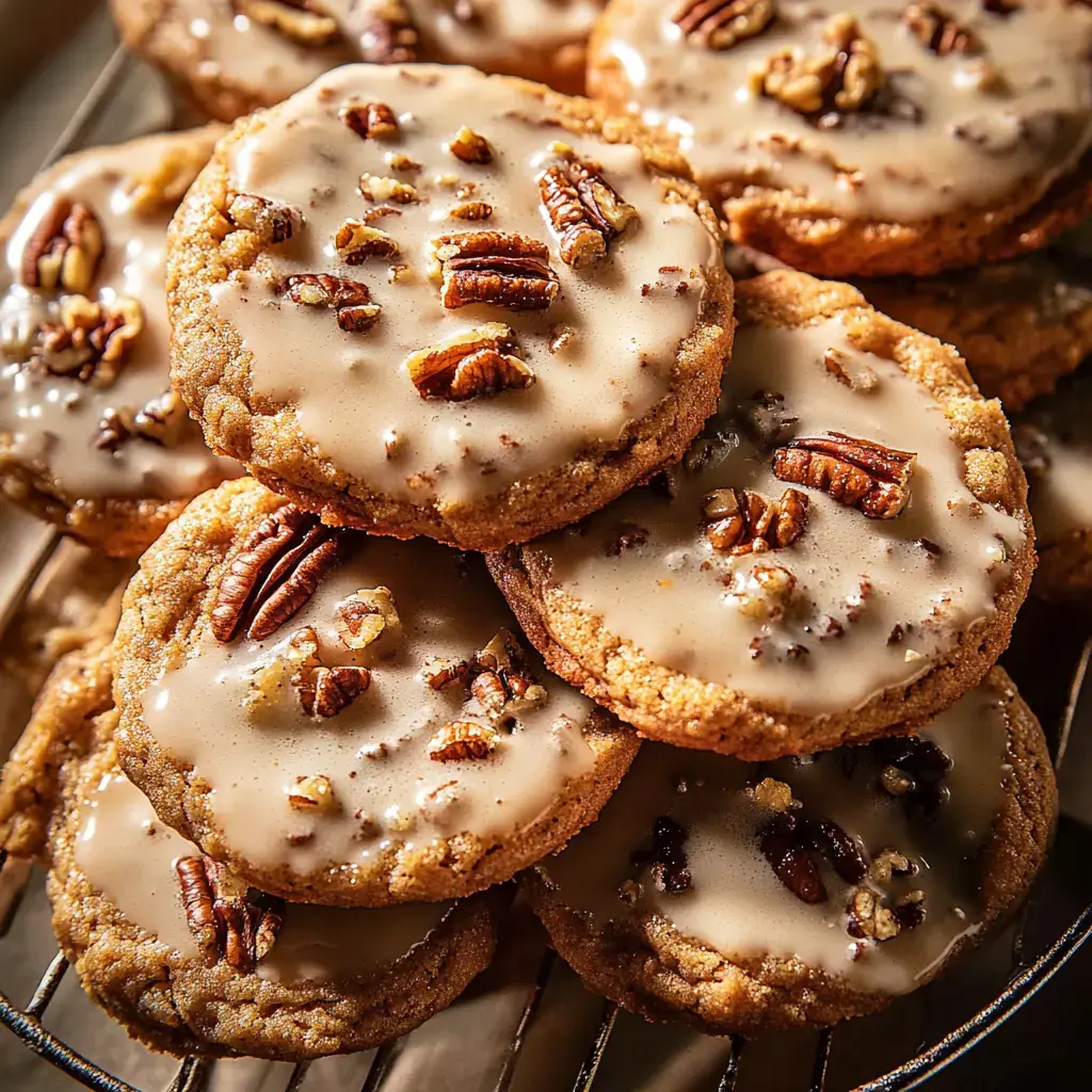 A close-up of stacked cookies topped with a smooth icing and sprinkled with chopped pecans.