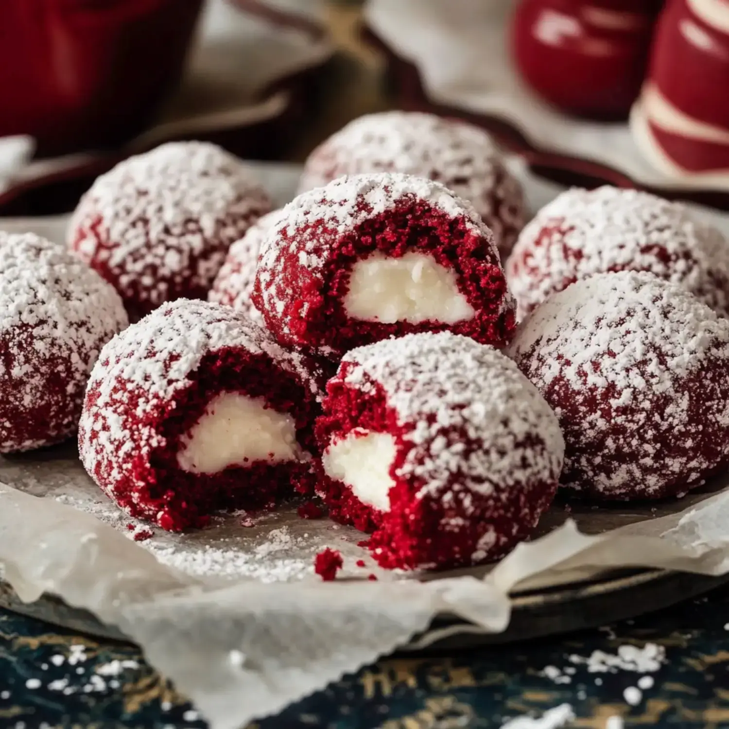 A platter of red velvet cake balls dusted with powdered sugar, some of which are cut open to reveal a creamy filling.