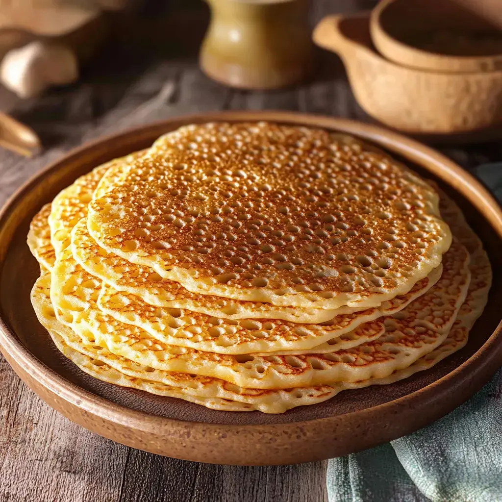 A stack of golden, perforated pancakes is arranged on a brown plate, with rustic kitchen items in the background.