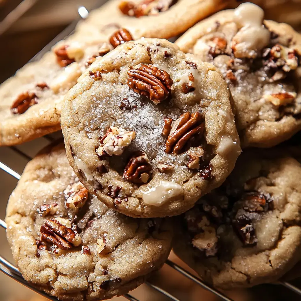 A close-up image of freshly baked cookies topped with pecans and coarse sea salt, resting on a cooling rack.