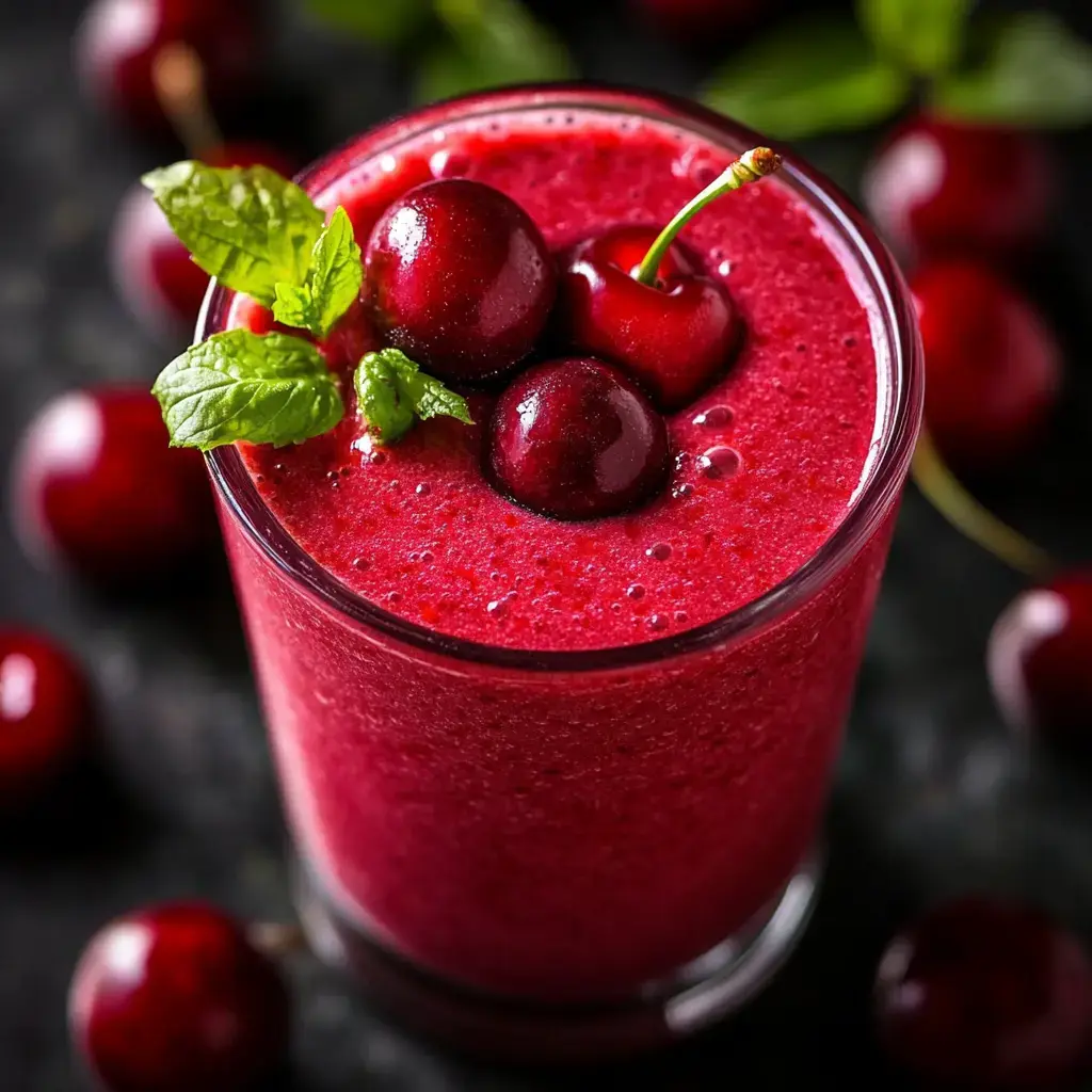 A vibrant cherry smoothie topped with fresh cherries and mint leaves, surrounded by whole cherries.