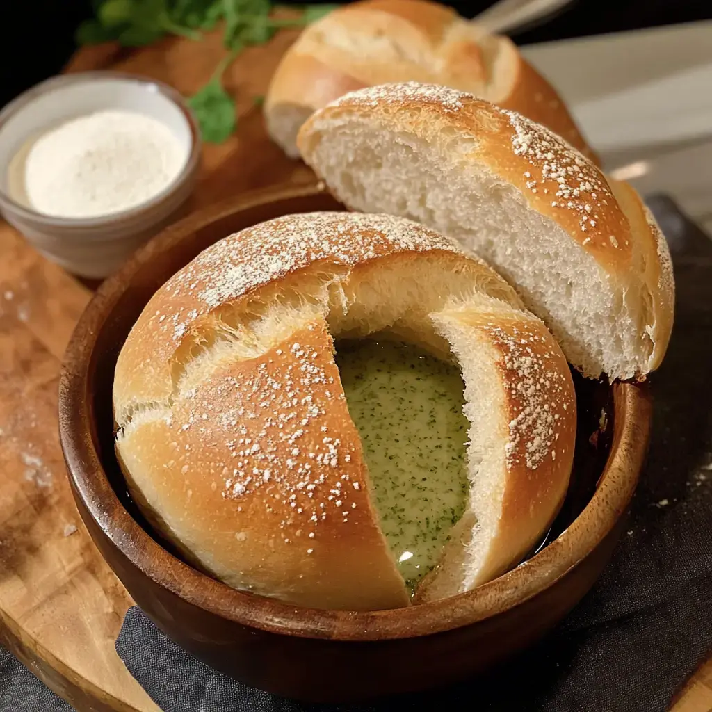 A round bread bowl is filled with green sauce, accompanied by a small dish of white powder and a second piece of bread in the background.