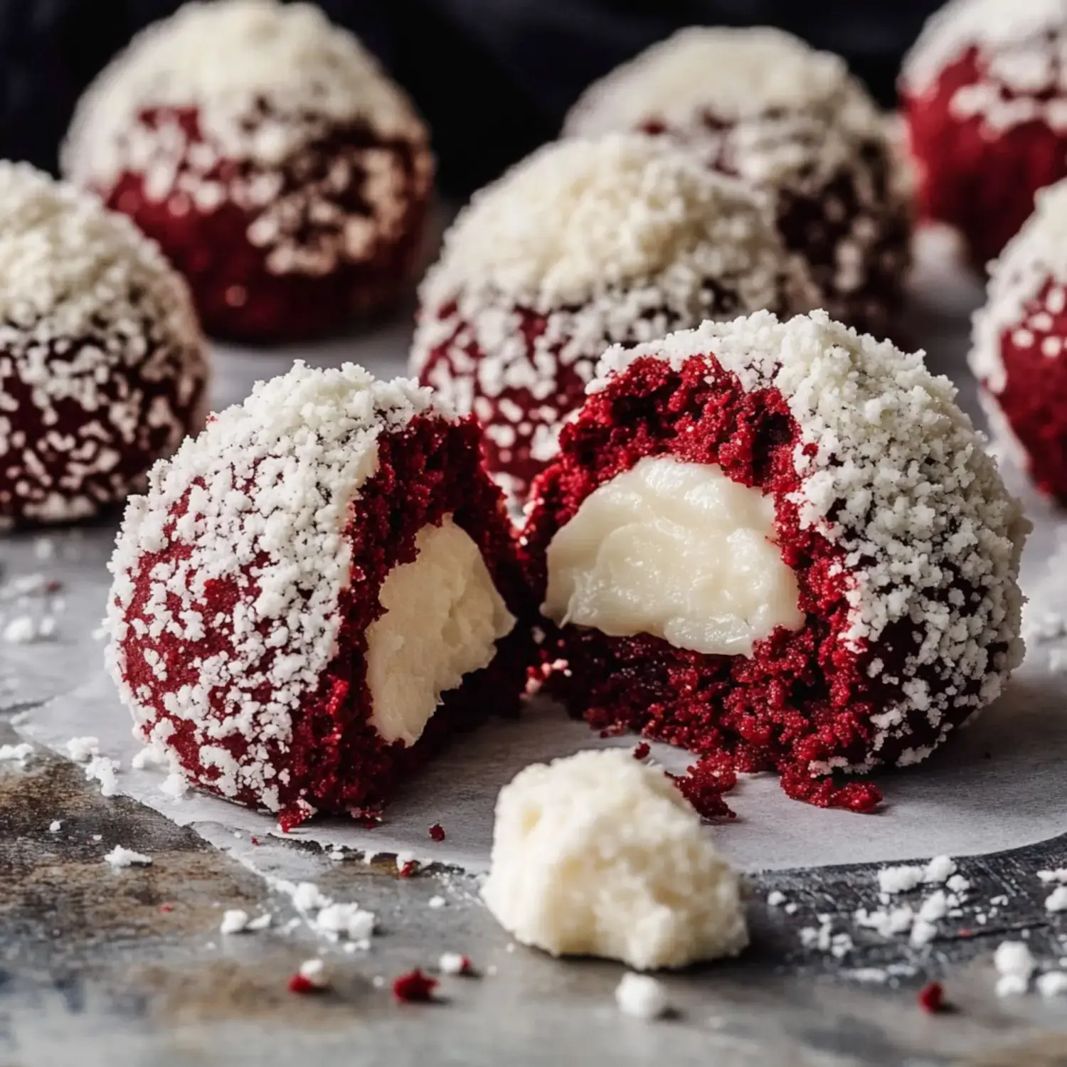 A close-up of a red velvet dessert ball coated with white crumbs, partially cut open to reveal creamy filling inside.