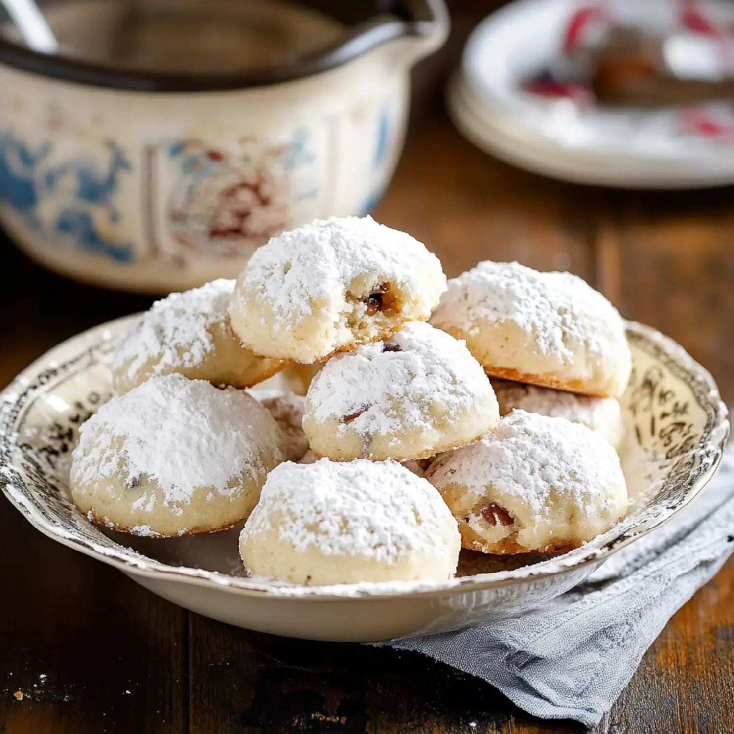 A plate of powdered sugar-covered cookies sits on a wooden table, with a decorative bowl and stacked plates in the background.