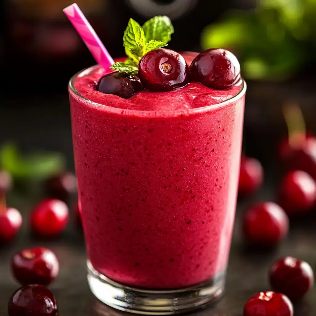 A glass of vibrant red smoothie topped with cherries and mint leaves, accompanied by a pink straw.