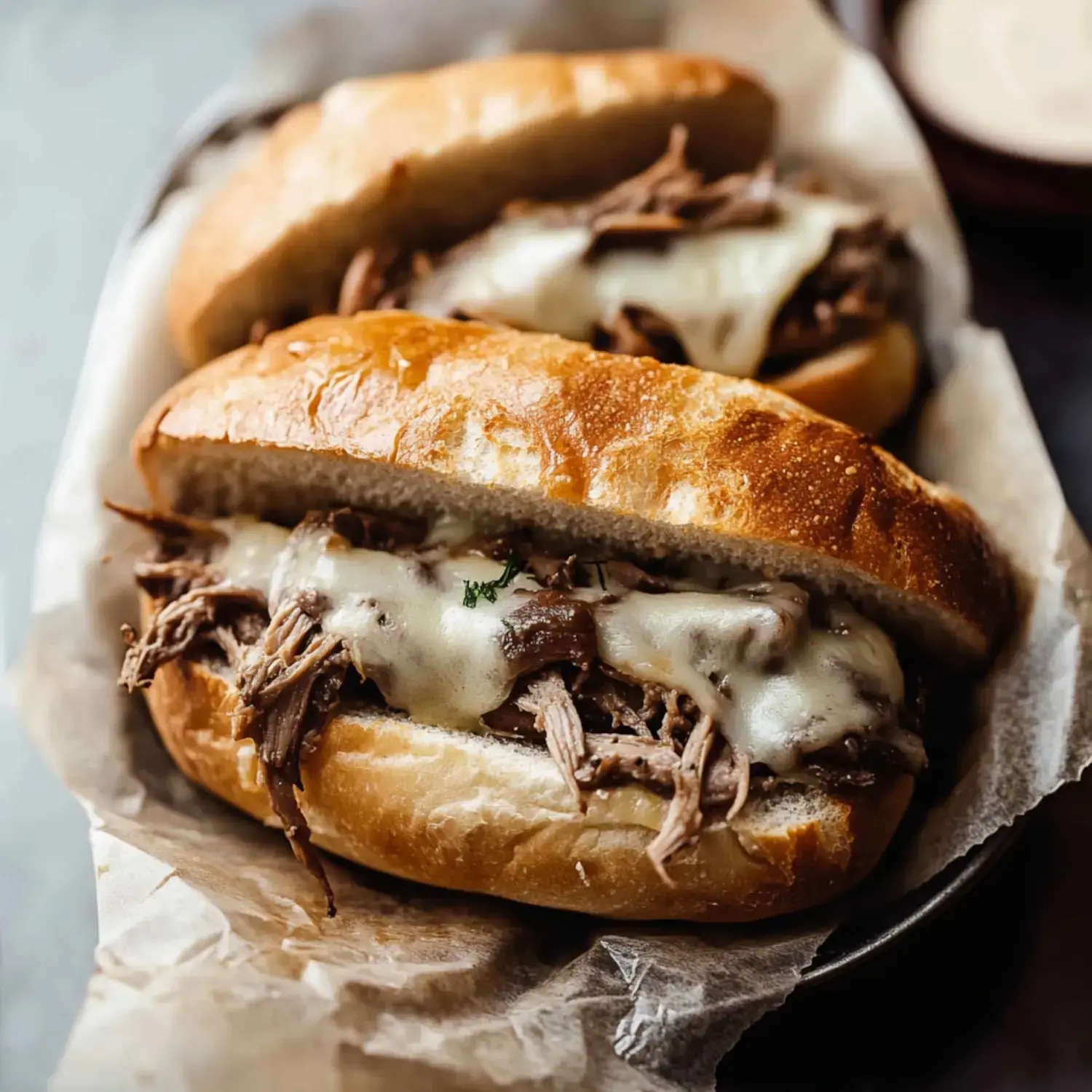 Two hearty sandwiches filled with shredded beef and melted cheese, served in toasted bread on parchment paper.