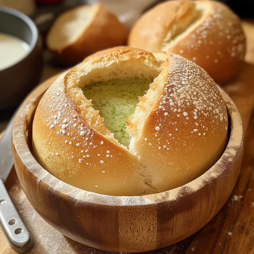 A round loaf of bread is hollowed out and filled with a green substance, sitting in a wooden bowl with two additional loaves in the background.