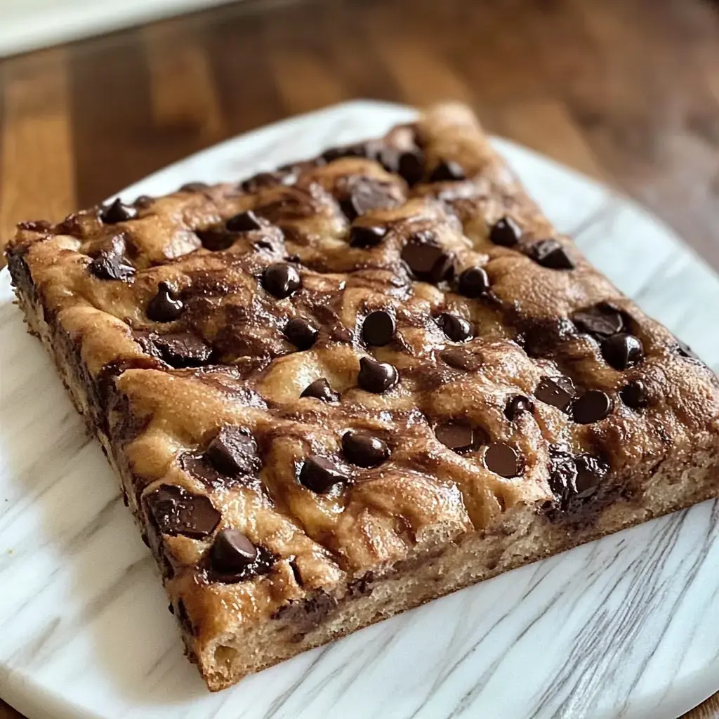 A square chocolate chip cookie bar is placed on a white marbled plate.