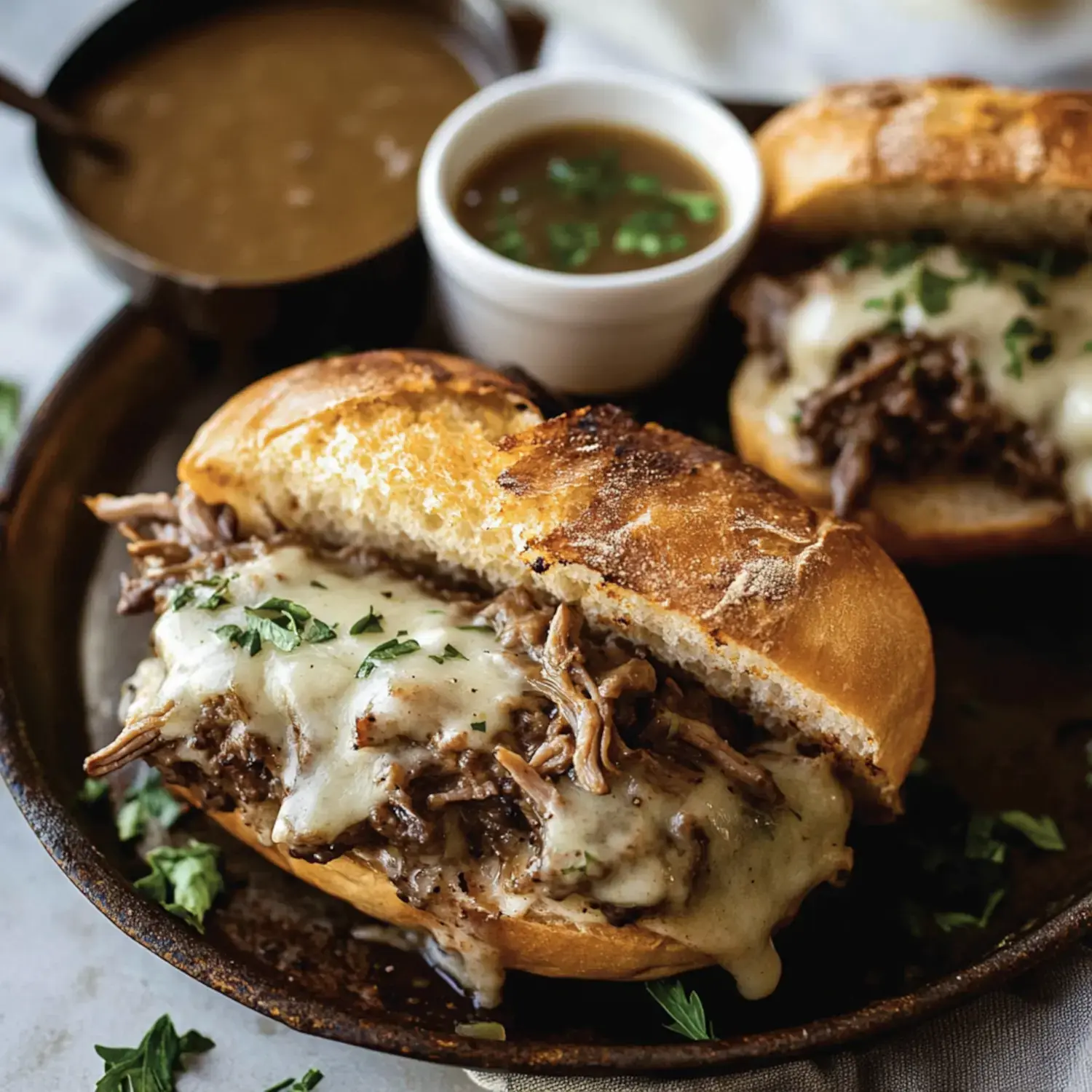 A close-up view of a cheesy pulled beef sandwich on a toasted roll, served with two small bowls of gravy.