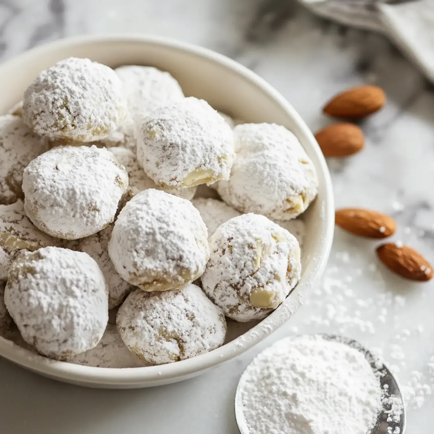 A white bowl filled with powdered sugar-coated cookies sits on a marble surface, surrounded by a few almonds and a spoon of powdered sugar.