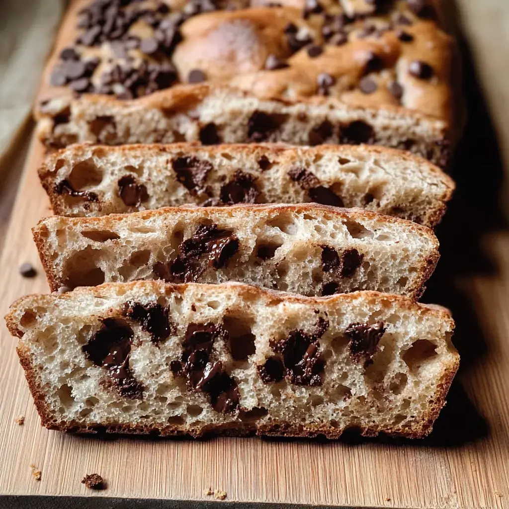 Sliced bread with chocolate chips is arranged on a wooden cutting board.