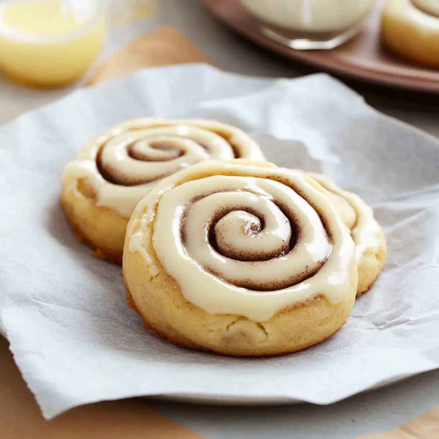 Two cinnamon rolls with cream frosting are presented on a piece of parchment paper.