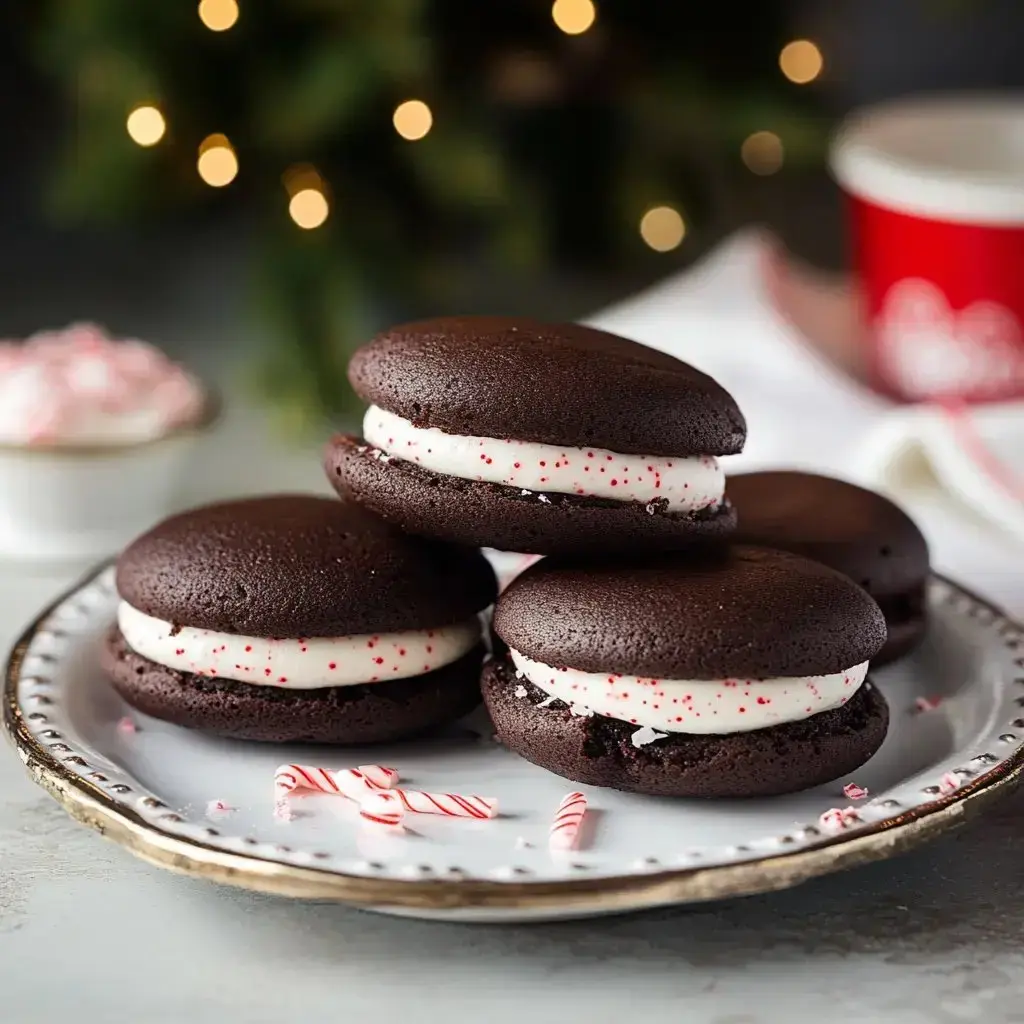 A plate of chocolate whoopie pies filled with white frosting and red sprinkles, with peppermint candies scattered around.