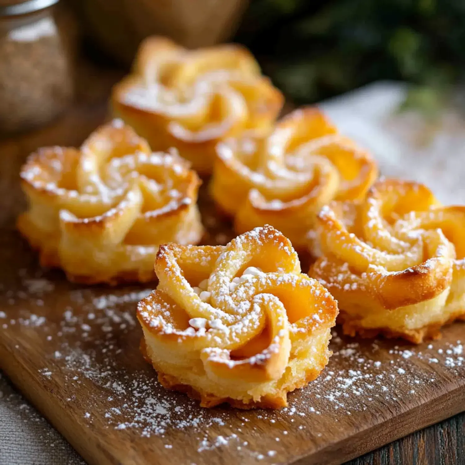 A close-up of beautifully shaped, golden-brown pastries dusted with powdered sugar on a wooden board.