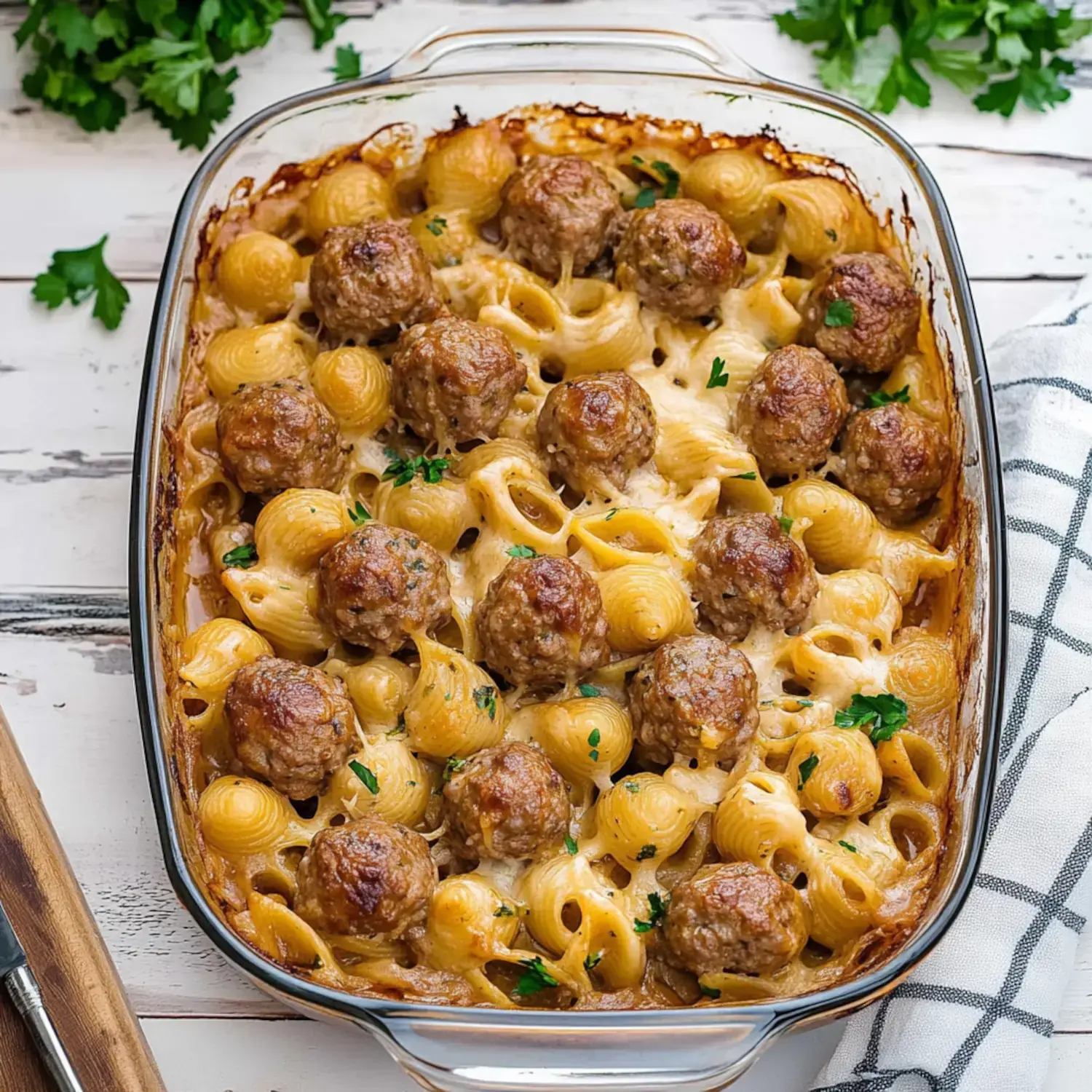 A baked casserole dish featuring meatballs and pasta, topped with melted cheese and garnished with parsley.