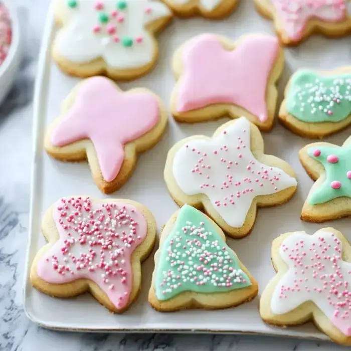 A tray of decorated sugar cookies in various festive shapes, featuring pastel icing and colorful sprinkles.