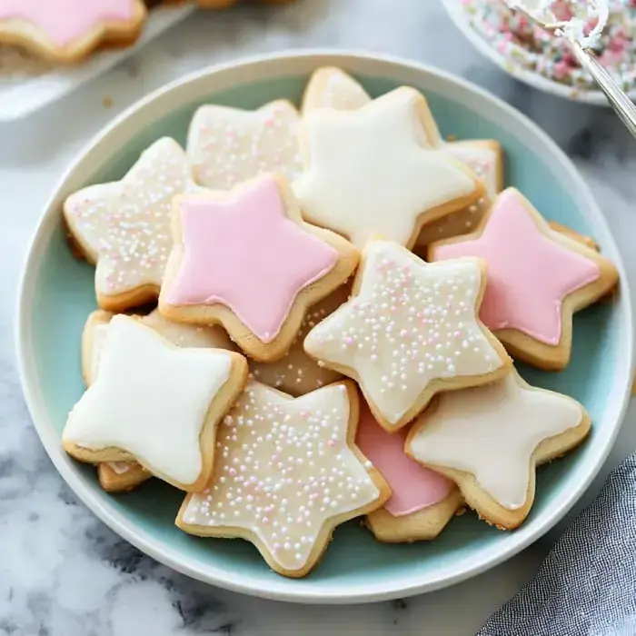 A plate of star-shaped cookies decorated with pastel icing and sprinkles.