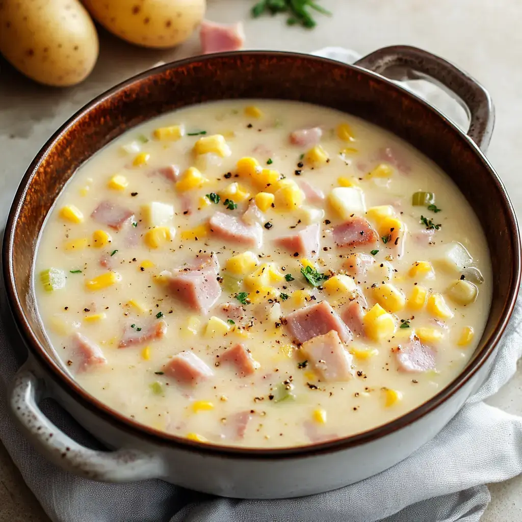 A creamy soup filled with diced ham, corn, and potatoes, garnished with black pepper and parsley, served in a brown bowl.