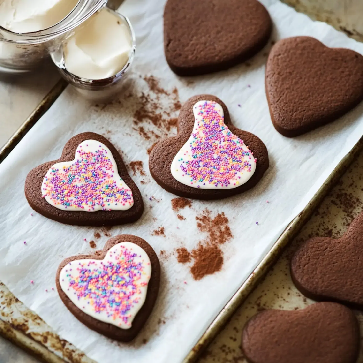 A tray of heart-shaped chocolate cookies topped with white icing and colorful sprinkles.