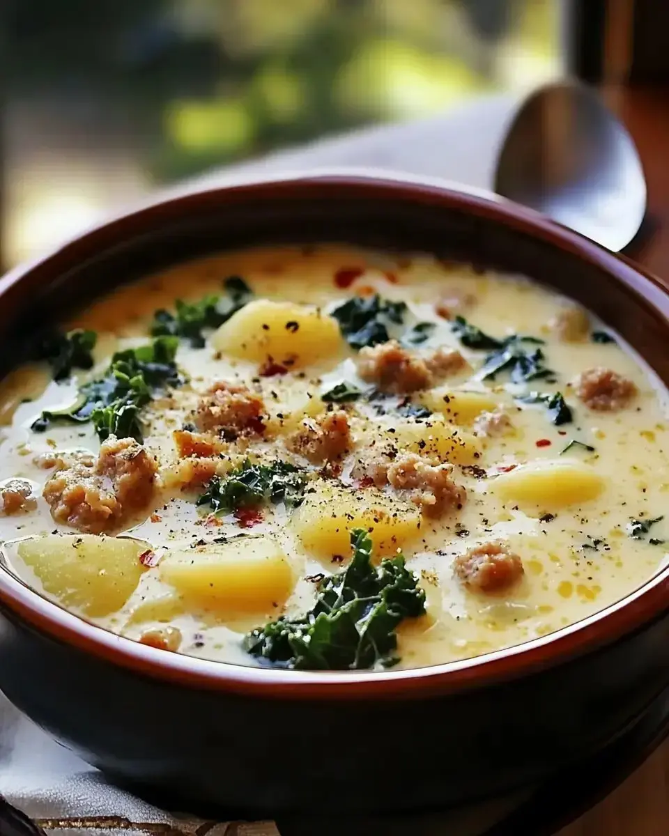 A bowl of creamy soup with potatoes, kale, and sausage is garnished with black pepper and red pepper flakes.