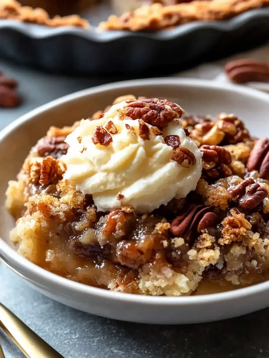 A bowl of dessert featuring a crumbly topping, nuts, and a dollop of whipped cream.